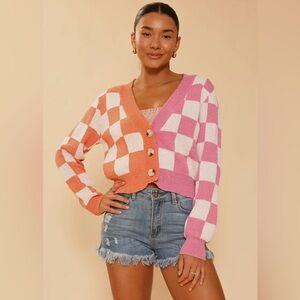 Vibrant Pink and Orange Checkered Cardigan Sweater